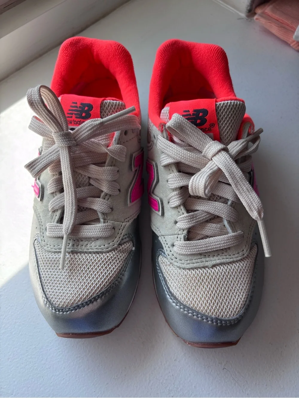 NEW! New Balance 996 Kids Crewcut Silver Sneakers w Pink/Orange Accents Size 12